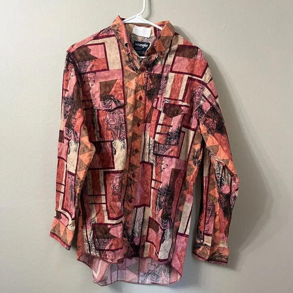 Vtg Wrangler Men Cowboy Shirt Long Sleeve Multicolor M L Native Western Native - Picture 7 of 7